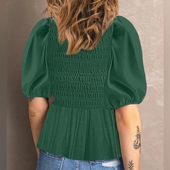 NWOT Forest Green Smocked Blouse with Puff Sleeves - Picture 3 of 8